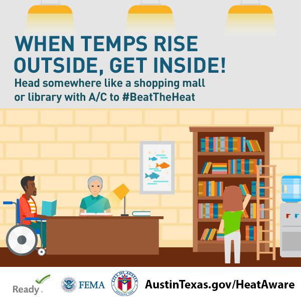 AusPublicHealth's tweet photo. When Temps Rise Outside, Get Inside! Today #ATX is under a heat advisory. Learn more about preparing for and coping with extreme heat at https://t.co/xrcxt2SPRT https://t.co/tVZ8sL3SFO
