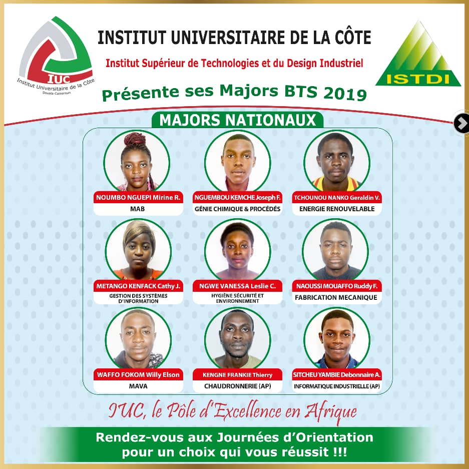 iucdouala's tweet photo. Examen national #BTS_2019 | PLUIE DE #MAJORS_NATIONAUX à l'@iucdouala / #ISTDI.
Tu as eu ton examen ? Ou tu connais une personne qui a eu le sien ? alors identifié la personne et aide nous à lui dire #Félicitations 

Félicitations à tous nos Majors nationaux de l'école #ISTDI. https://t.co/8hZs5Ay1j9