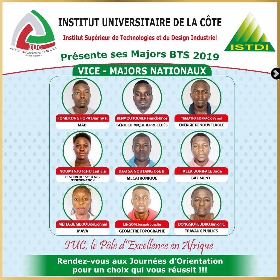 iucdouala's tweet photo. Examen national #BTS_2019 | PLUIE DE #MAJORS_NATIONAUX à l'@iucdouala / #ISTDI.
Tu as eu ton examen ? Ou tu connais une personne qui a eu le sien ? alors identifié la personne et aide nous à lui dire #Félicitations 

Félicitations à tous nos Majors nationaux de l'école #ISTDI. https://t.co/8hZs5Ay1j9