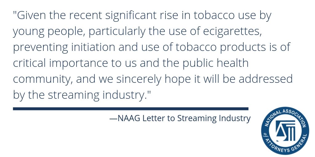 NatlAssnAttysGn's tweet image. NAAG sent letters to leading U.S. streaming services, encouraging the industry to adopt business practices that protect young viewers from tobacco imagery in video content. ow.ly/NLbm50vqDCr
