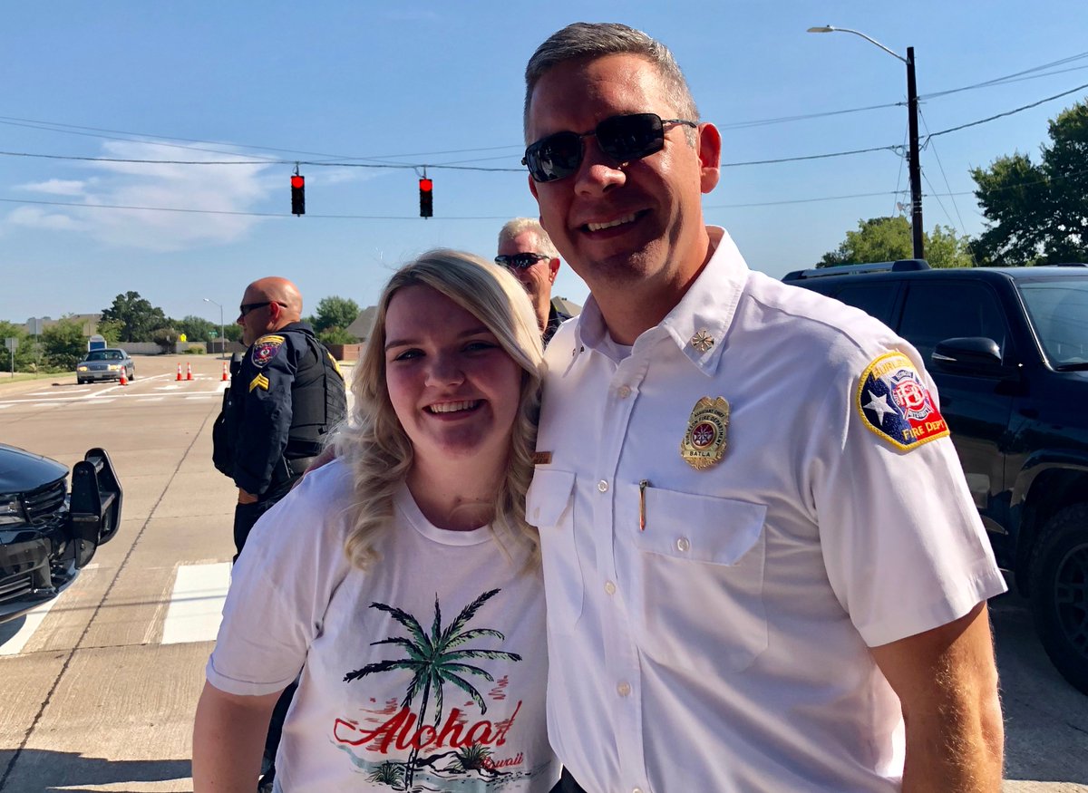 CityofBurleson's tweet photo. Councilmembers &amp; first responders gathered to watch and celebrate Kailey Tesdahl turn on a new signal light at the intersection of S. Hurst Road and Hidden Creek Parkway.
 #KaileyStrong #BlessedInBurleson https://t.co/fan1Kb2c5r