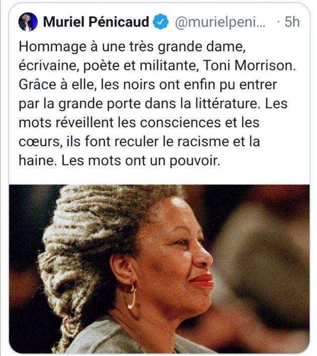 ressono's tweet photo. Chère @ChTaubira, avez-vous un peu de temps  pour une leçon accélérée de littérature à @murielpenicaud, svp ? Césaire, Baldwin, Wright, Senghor, Condé, Confiant, Damas, Glissant, Soyinka et tant d'autres lui semblent inconnus...
#ToniMorrison https://t.co/hYg7aLwWAA