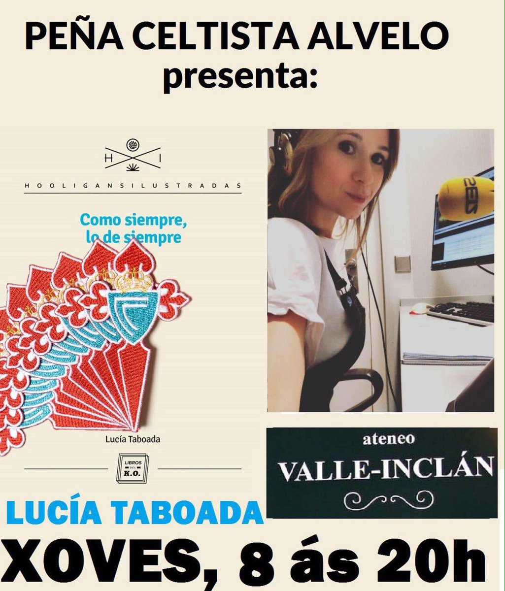 AteneodeRiveira's tweet photo. Este xoves 8/8/19, ás 20:00 no Ateneo de Riveira, a Peña Celtista Alvelo presenta a @TaboadaLucia co seu libro "Como siempre, lo de siempre". https://t.co/5G0pAvzfwX