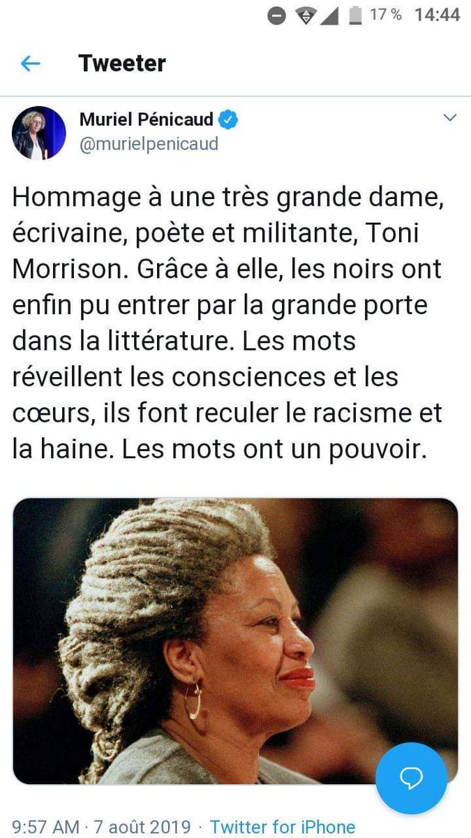 ClijecMag's tweet photo. Muriel Penicaud, rectifie son hommage raciste à l'immense Toni Morrison. https://t.co/ykfMlFbYyQ