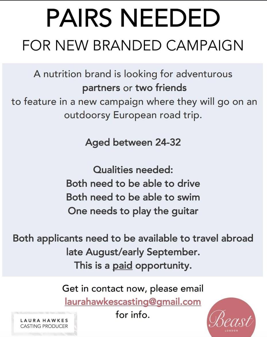 Casting on behalf of a friend!

Pairs needed for a new Branded Campaign. 

Opportunity to travel abroad.

PAID!