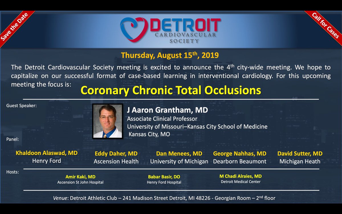 If your in the area, come join us at Detroit Cardiovascular Society for a great evening of fellowship and learning. JAG will be the keynote and will review CTO cases from our colleagues all around southeast Michigan.