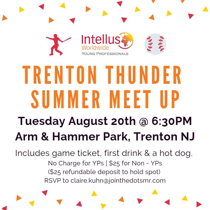 IntellusYP's tweet photo. #IntellusYP is hosting at Summer Meet Up at the August 20th Trenton Thunder Game! YPs, Non-YPs and guests are welcome to attend. YPs are free and all others only $25. RSVP to save your spot for August 20th. ⚾️🌭🍻 https://t.co/Or1AoitozI