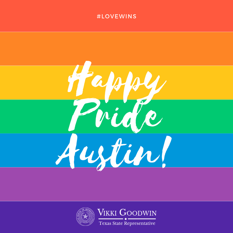 VikkiGoodwinTX's tweet photo. Pride celebrations continue in Austin this weekend! Shout out to the amazing @txlgbtqcaucus for all their hard work this past session and demonstrating that we care about our LGBTQIA+ community in the Texas House. #txlege #txhd47 #txhouse #txpolitics #txpride https://t.co/oCRJrOPSma