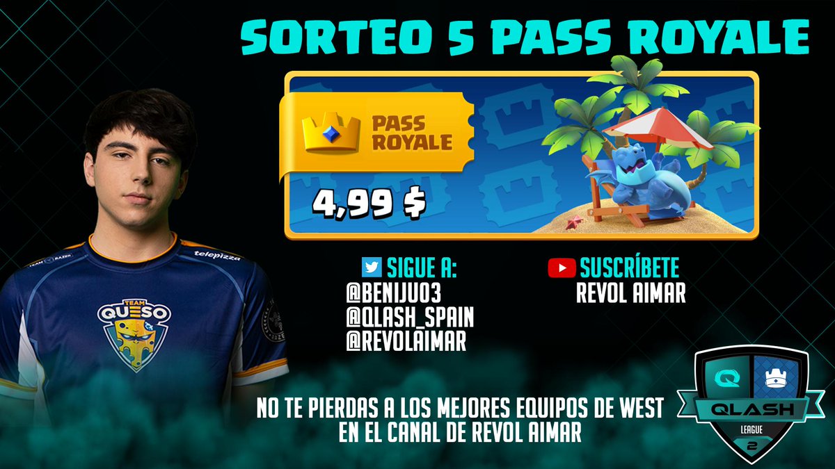 ⚠️SORTEO 5 PASS ROYALE⚠️
         Como participar uwuu

-RT en este tweet

-Follow⤵️
           <a href="/BENIJU03/">beniju</a> 
           <a href="/QLASH_Spain/">QLASH España 🐉</a> 
           @ReVoLAimaR 

-Suscríbete al canal de Revol para no perderte ni un solo partido de la Qlash League⤵️
youtube.com/channel/UCkSoF…