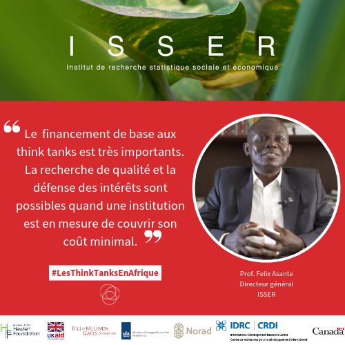 .#LesThinkTanksEnAfrique: 'Le financement de base aux think tanks est très importants. La recherche de qualité et la défense des intérêts sont possibles quand une institution est en mesure de couvrir son coût minimal.' Écoutez plus d'idées de @ISSERUG: bit.ly/2GToeZ8 📽️