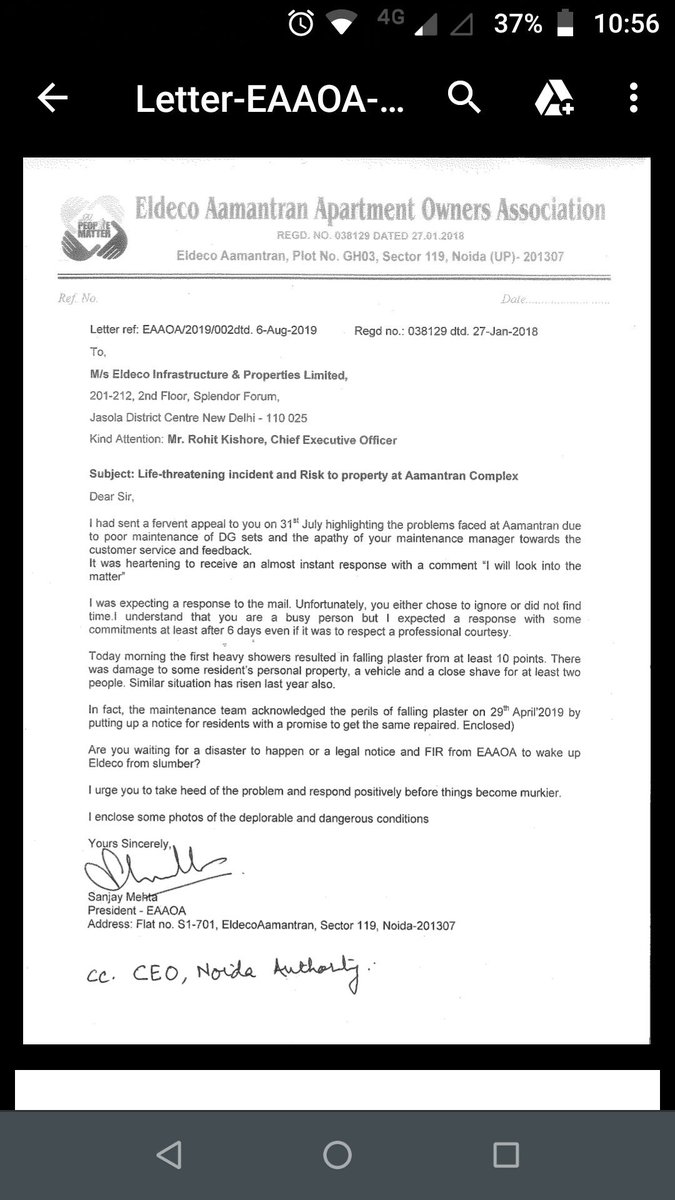 singhalr's tweet photo. @rituias2003 @myogiadityanath Ritu ji, pls find the letter attached. We are living in risky environment.Plaster is falling on residents at noida.Many complaints are done in past but ignorance is on peak. Pls take the cognizance of matter. Society:eldeco aamantran sector 119 noida https://t.co/wnSsLg6QIu