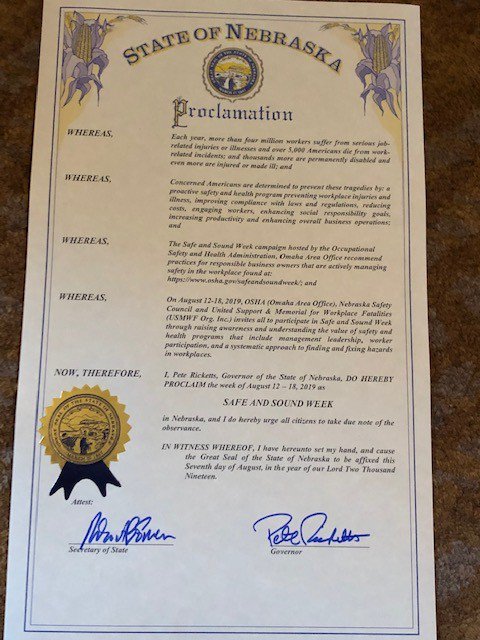 safenebraska's tweet photo. IT'S OFFICIAL: August 12-18 has been proclaimed Safe and Sound Week here in Nebraska! Help  celebrate by joining us for an Open House next Wednesday, August 14, starting at 9am. FREE training included. RSVP here: https://t.co/UMrOJ6OVj4 #SafeAndSoundAtWork #SafetyWithoutShortcuts https://t.co/0AIWZFpKNj