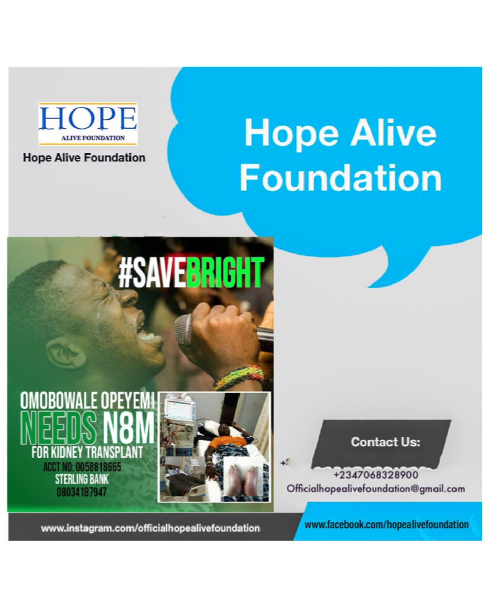 tetodfoundation's tweet photo. Omobowale Opeyemi Bright a young gospel artiste who is battling kidney failure is presently in need of your support; 8million for his surgery #SaveBright

• verification Link ➡️

https://t.co/En39zzlzGe

Account No: 0058818665
Sterling Bank
08034187947
#Hopealivefoundation https://t.co/kOTRWzcmw8