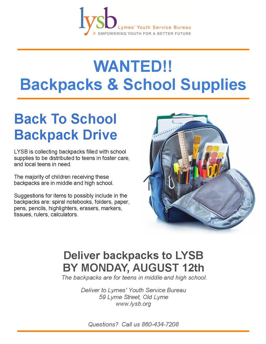 NormCT's tweet photo. Lymes' Youth Service Bureau is collecting backpacks filled with school supplies to give to local teens and teens in foster care. Please consider donating backpacks and school supplies. Suggested items to donate are spiral notebooks, folders, pens, and markers. #LymeCT #CT https://t.co/xyg6bMUfsO