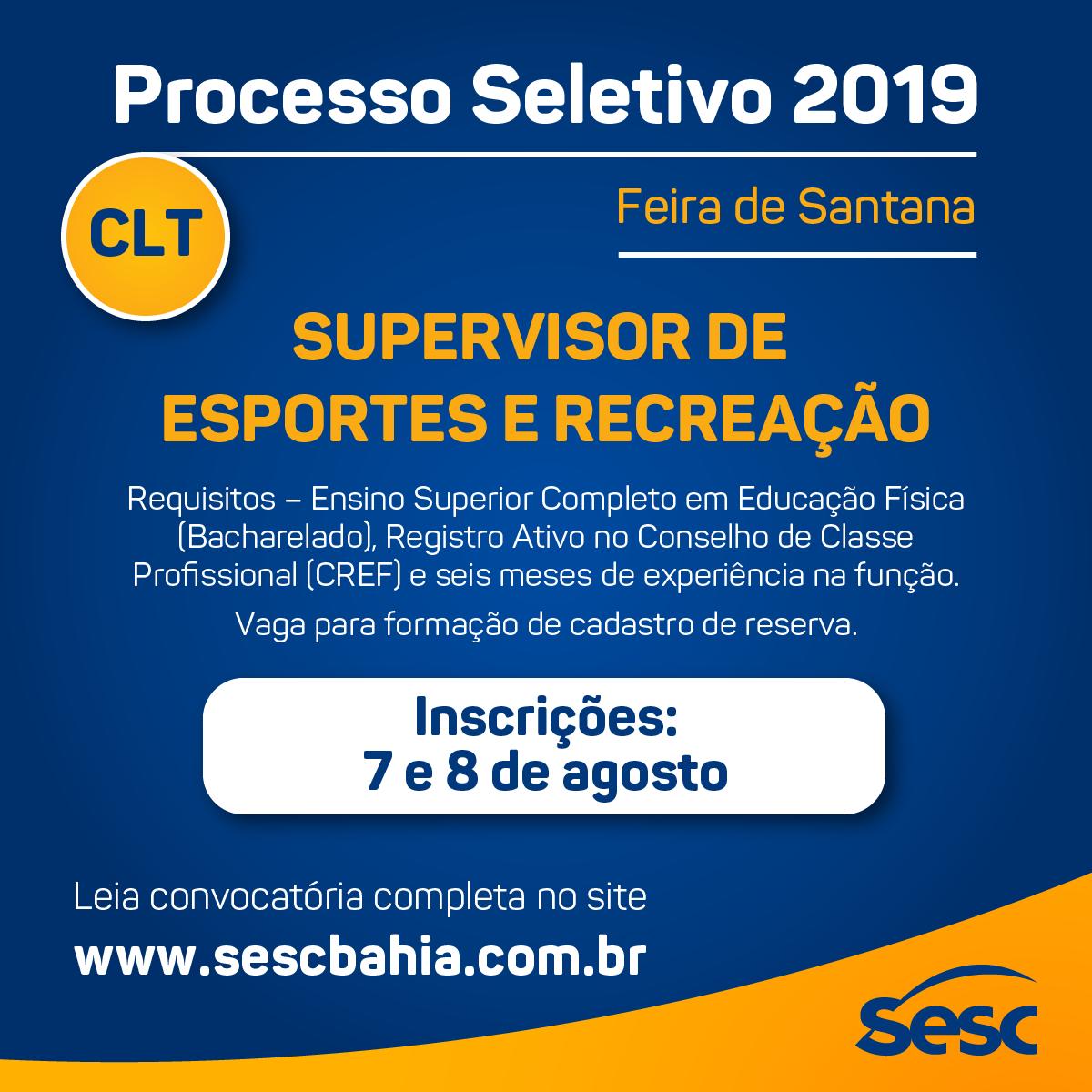 Vaga para formação de cadastro de reserva em Feira de Santana. 
- Supervisor de esportes e recreação
- inscrições: 7 e 8 de ago

+ infos sobre requisitos, e-mail para envio de currículo e dados sobre a vaga, por favor, acesse o site do Sesc neste link: sescbahia.com.br/vagasinterior.…