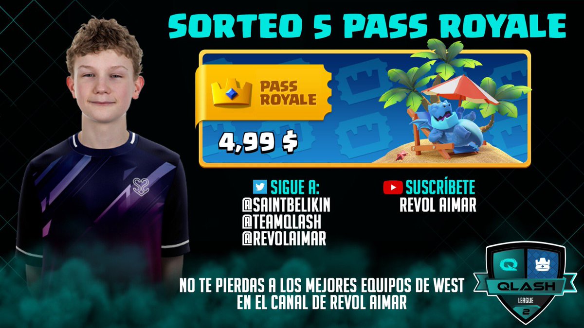 ⚠️SORTEO 5 PASS ROYALE⚠️
         Como participar owo

-RT en este tweet

-Follow⤵️
           <a href="/SaintBelikin/">Dan</a> 
           <a href="/QLASH_Spain/">QLASH España 🐉</a> 
           @ReVoLAimaR 

-Suscríbete al canal de Revol para no perderte ni un solo partido de la Qlash League⤵️
youtube.com/channel/UCkSoF…