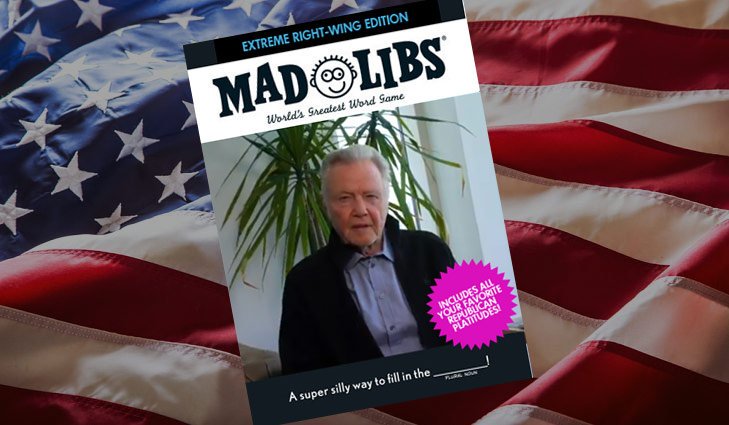 Dems20202's tweet photo. Jon Voight's latest viral video is seriously nothing more than Republican word salad: Simply toss "liberty", "freedom", "patriot", "god bless" in meaningless, incoherent sentences and you've got yourself some talking points!!

#jonvoight #whiteprivelege  #voight https://t.co/JP5fm9Ze6e