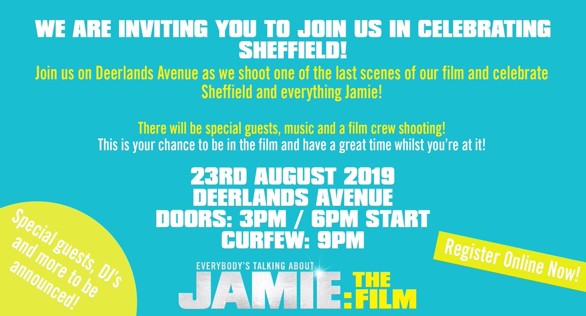 ANNOUNCEMENT!! Join us as we shoot one of the last scenes of our film! Come along to celebrate Sheffield and everything JAMIE. Special guest, music and a film crew. Spread the word &amp; register here: jamie-street-party.take-part.co.uk 🥳🎬💙