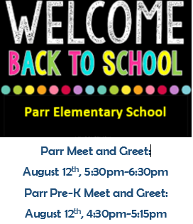 ParrElem's tweet photo. Come join us at our Meet and Greet on Monday night from 5:30pm-6:30pm at Parr Elementary School! Come drop off school supplies, visit your new classroom, and meet your teacher! @jeffcotitleI #Parrpanthers #jeffcogenerations https://t.co/sLE7h2OJgy