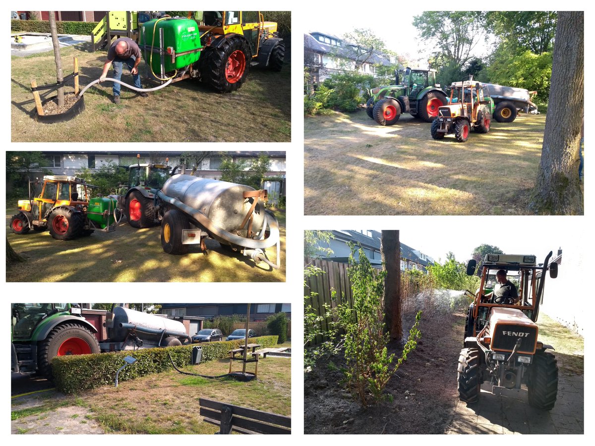 Het blijft droog, vandaar dat we bomen en plantsoenen water moeten blijven geven. Nu ook met de smalspoortrekker met watervat voor de moeilijk bereikbare plekken.