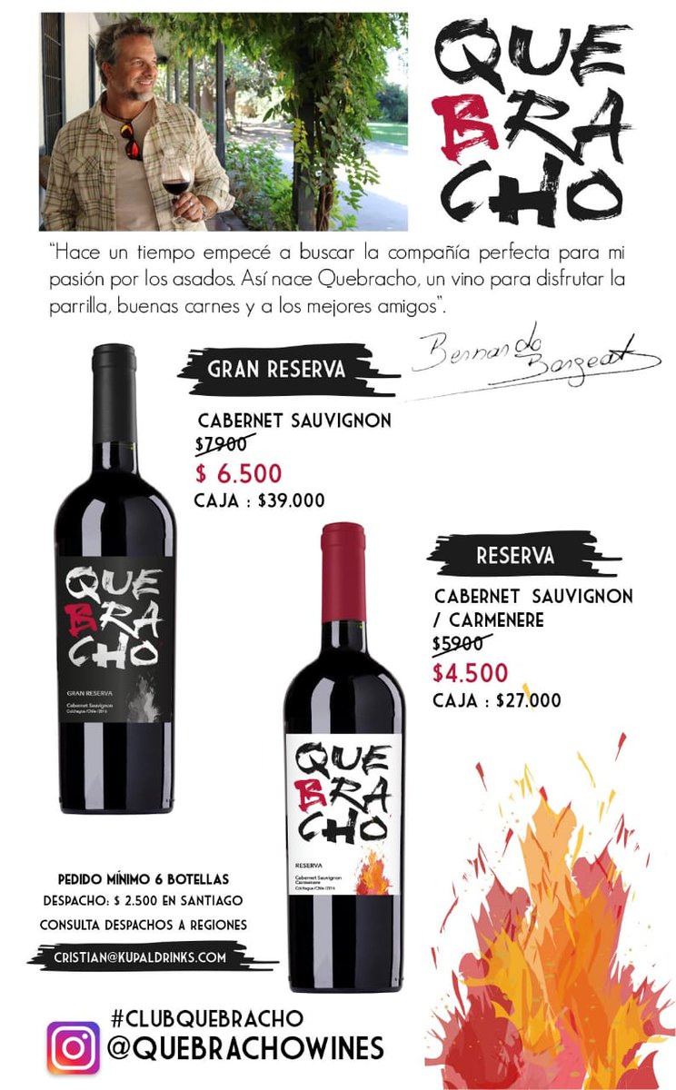 Bernardobmdq's tweet photo. Para tus #asados
Ya contamos con la 1er partida de #vinos #quebrachowines
Un #vino exclusivo
ideal para disfrutar con las mejores carnes !🔥🍷
Exígelo en tu cotización de #Asadospro
R o GR Valle de #colchagua #vinotinto
Pedidos:
Cristian@kupaldrinks.com
Contacto@asadospro.cl https://t.co/CKydWSQEDZ