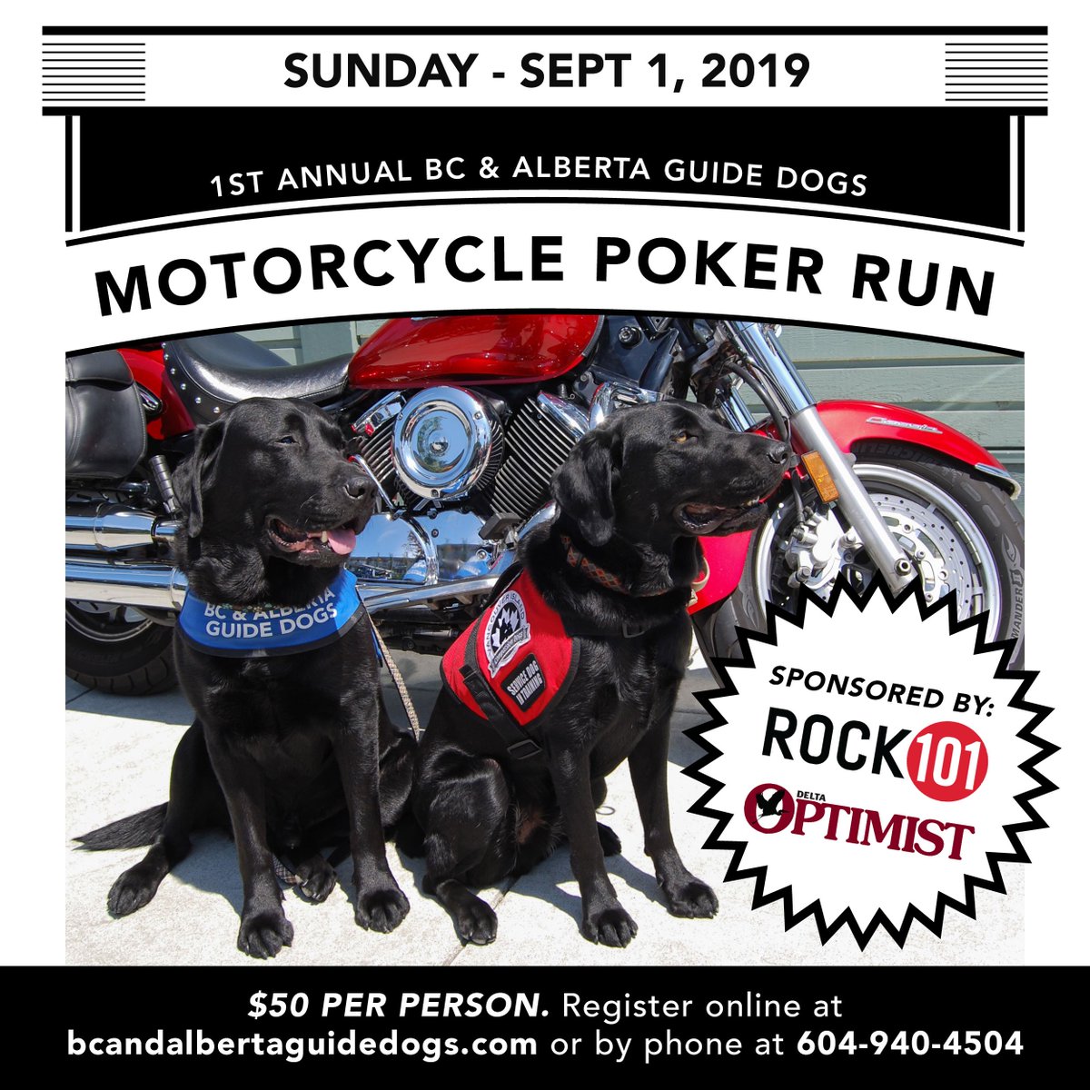 bcguidedogs's tweet photo. We are thrilled to introduce our first charity #MotorcyclePokerRun fundraiser on September 1, 2019, sponsored by @Rock101Van &amp; @DeltaOptimist - come and support @bcguidedogs #GuideDogs, #AutismSupportDogs &amp; #PTSDService Dogs - more information online at: https://t.co/3IzTj3cVZ9 https://t.co/tmJd72nJCE