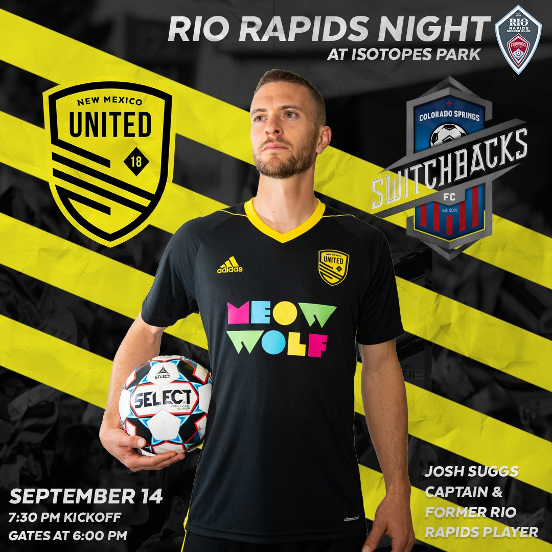 NMRapidsSC's tweet photo. Rio Night @NewMexicoUTD Game vs. @SwitchbacksFC on September 14th @7:30 pm - Buy tickets as a team to sit together. https://t.co/weHP5mJTb1 Consider tailgating for this fun event! Questions? Contact Margie at 350-5832  #riorapidssc #rionight #nmunited #teambuilding https://t.co/LgPC3FHuOD