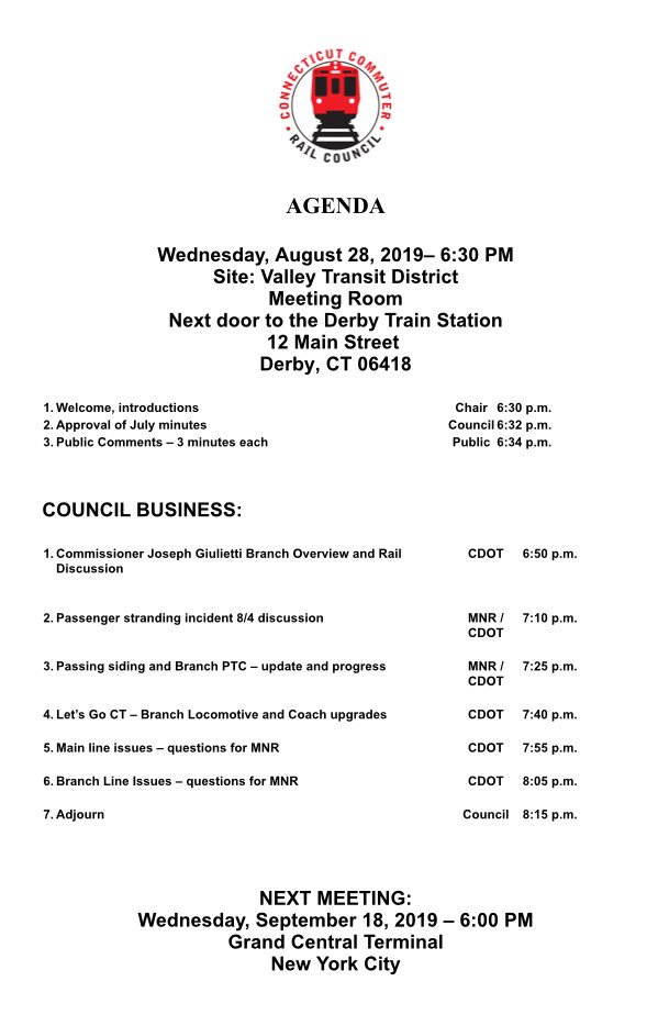 Council agenda for our August meeting on 8/28 at 6:30 at the Valley Transit District offices located right next to the Derby train station.