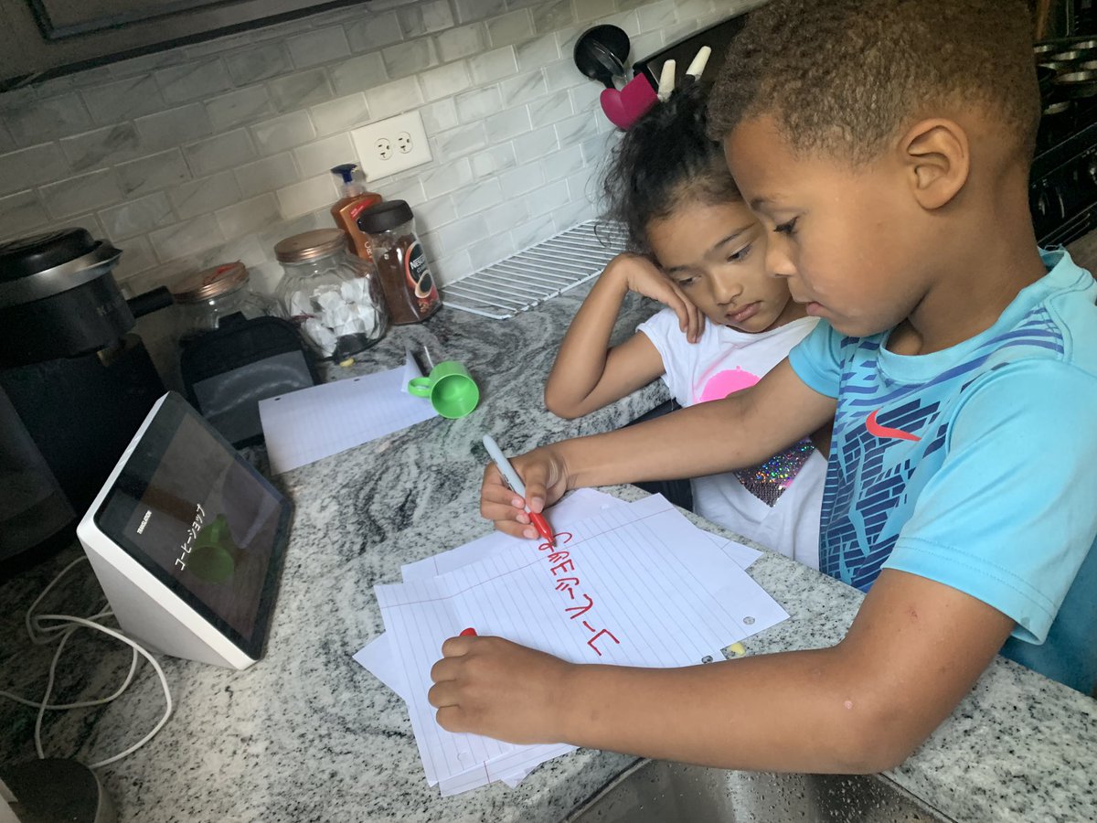 So proud of these <a href="/wolfsxing308/">Wolf's Crossing</a> 1st graders today-who used Alexa to figure out how to write “coffee shop” in Spanish, Japanese and Nepali because they wanted their customers to be able to read their signs &amp; not feel left out...no words #globalthinking