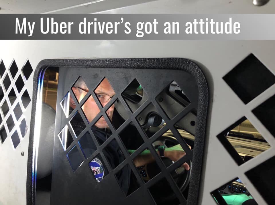 NampaPolice1's tweet photo. #PSAWednesday
Too many drinks can lead to confusion...Like asking the "Uber driver" to swing through a drive through for a burger on the way home. Officer Uber only delivers to the jail Captain Morgan. #thinkbeforeyoudrink #nothingagainstburgers #weonlydelivertothejail #king340 https://t.co/TR7y5GuO5D