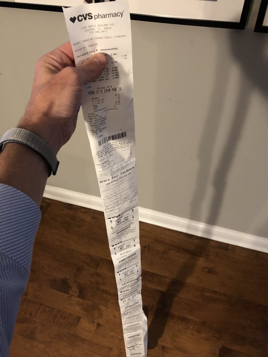 cbevel's tweet photo. @cvspharmacy Every time I visit my neighborhood CVS, I’m given these ridiculously long receipts. WHY, why CVS do you do this? Retweet if your CVS receipts are this long #CVS #stopwastingpaper https://t.co/3UqFywe83R