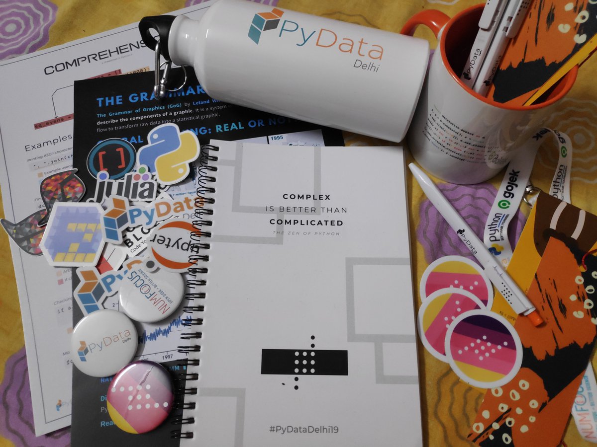 PyDataDelhi's tweet photo. Huge thanks to @thisisiostudio for the exceptional and awesome designs for #PyDataDelhi19. The designs changed the vibe of the whole conference. Special thanks to @oddanomaly and @pranav_suri for swags' designs. @NumFOCUS @PyData #design #conference https://t.co/C2yi8nCVFE
