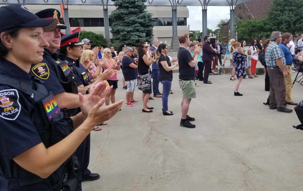 WindsorPolice's tweet image. Proud to be in attendance for the @WEPridefest Flag Raising Ceremony. This year, in support of all LGBTQ2S people, several officers will be wearing rainbow "POLICE" patches until the completion of #WindsorEssexPrideFestival.  We celebrate the #diversity in our communities. #PRIDE