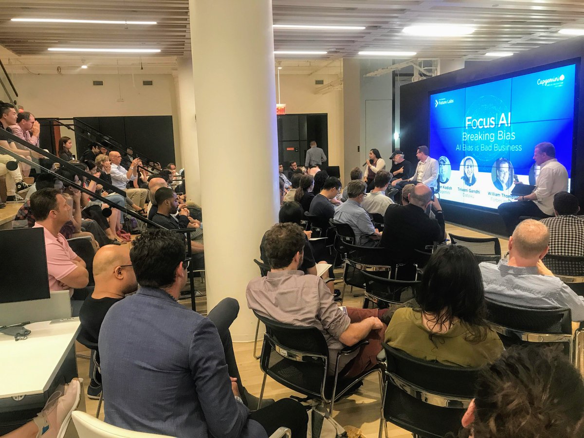 CapgeminiAIE's tweet photo. Last night, our #NewYorkAIE partnered with @NYUFutureLabs to host their #FocusAI series focused on "Breaking Bias" where leading professionals shared their views on Bias in AI, the implications it has for businesses and our society as a whole. Great turnout! #appliedinnovation https://t.co/OREgOYniXw