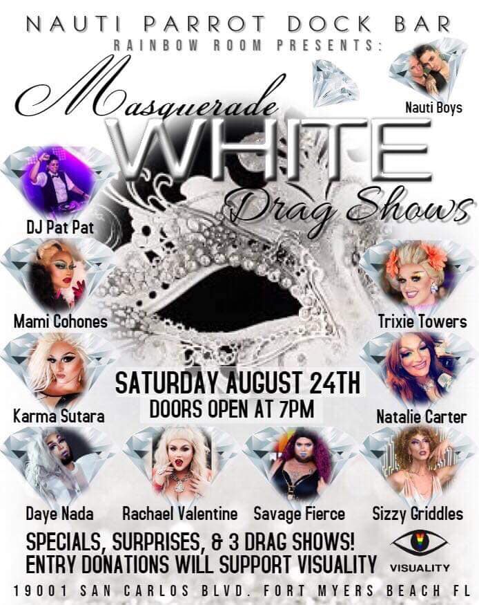 DJPatPat's tweet photo. Get ready for the LGBTQ Masquerade White Party on Sat, Aug 24th at Nauti Parrot Dock Bar on Ft Myers Beach to benefit Visuality.  

 The festivities kick off at 7pm and go until 2am.  Be there!

#DJPatPat #LGBTQ #Visuality #masquerade https://t.co/VUfWMVfEtl