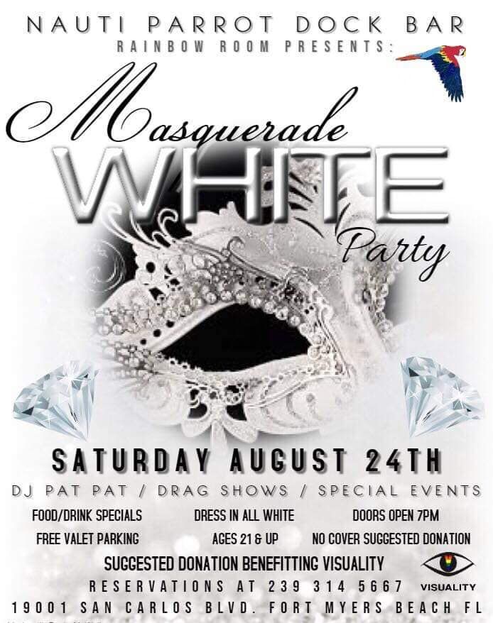 DJPatPat's tweet photo. Get ready for the LGBTQ Masquerade White Party on Sat, Aug 24th at Nauti Parrot Dock Bar on Ft Myers Beach to benefit Visuality.  

 The festivities kick off at 7pm and go until 2am.  Be there!

#DJPatPat #LGBTQ #Visuality #masquerade https://t.co/VUfWMVfEtl