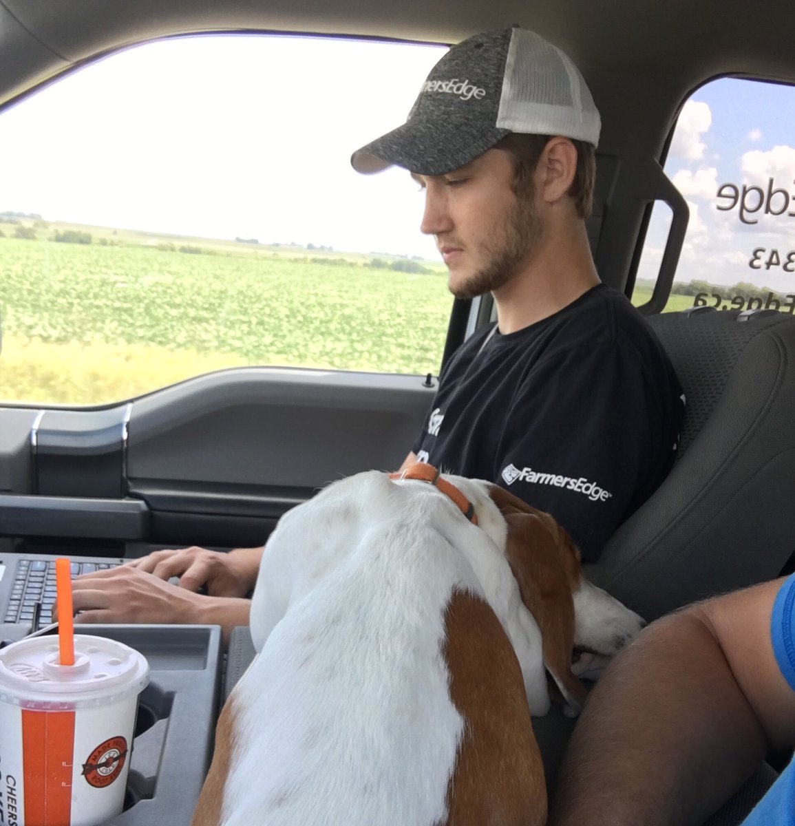 FE_DigitalAg's tweet photo. A day in the fields with #InternJoe and #TuckerfromFarmersEdge In this picture we have Tucker overwhelmed with all of the tools that #FarmCommand has to offer. #Different #FarmersEdge @joepopp3 -BW in IA https://t.co/KmW3H5HxxG