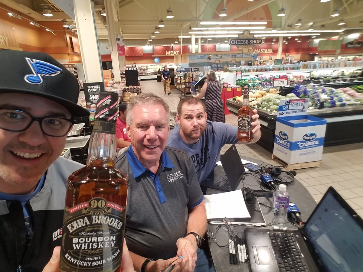 RandyKarraker's tweet photo. The @101ESPNFastLane is at @SchnuckMarkets Hampton Village in South St. Louis. Pick up a bottle of @101espn 10th anniversary Bourbon Whiskey from Ezra Brooks. #selfiestick #fun #yay #wow #booze #radioshow #groceries #noBT #LGB(andTarasenko) #TimeToFly #cheeseshop #outofcharact https://t.co/uNSbcNiiM0