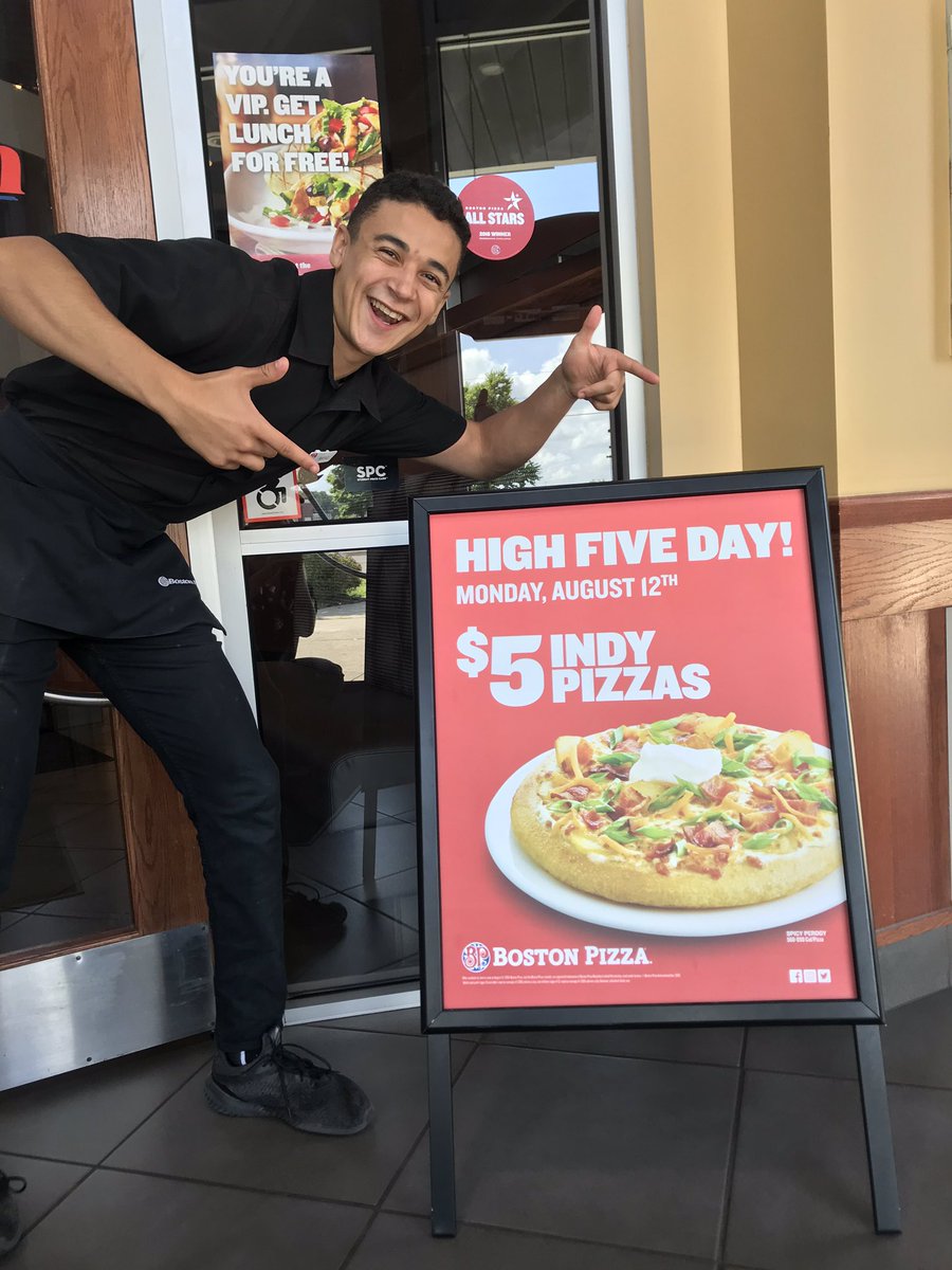 Monday August 12th!!! $5 individual pizzas👌 Don’t miss it! 
#bostonpizza #HighFiveDay2019 #getinmybelly #pizza #deal #ldnont