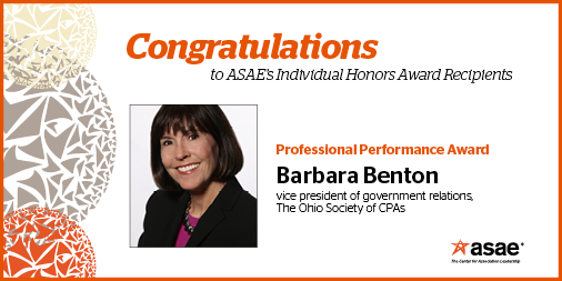 ASAEannual's tweet photo. Join us as we kick-off #ASAE19 and honor this year’s Professional Performance award recipient Barbara Benton @OSCPA. She is a CHAMPION. VOLUNTEER. LEADER. https://t.co/vAgCHxjQv4