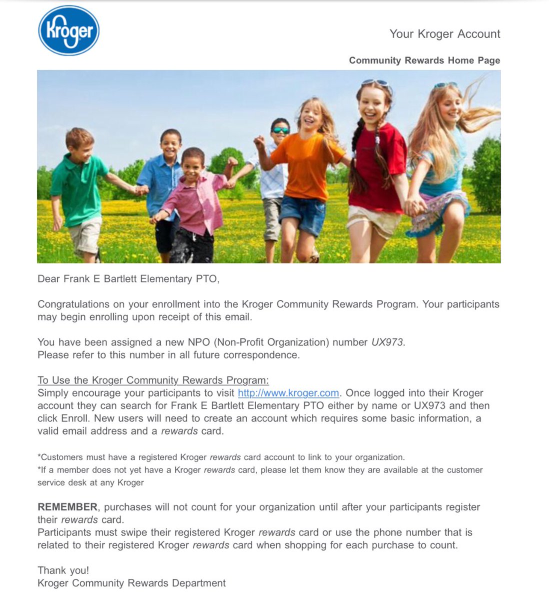🚨🚨🚨 OMGOSH OMGOSH... it’s finally happened!!! We are finally part of the Kroger Community Rewards program! Save the pic below, link your Kroger card to our account (UX973 or Frank E Bartlett Elementary PTO) and will receive a lovely donation based on your purchases. #donate