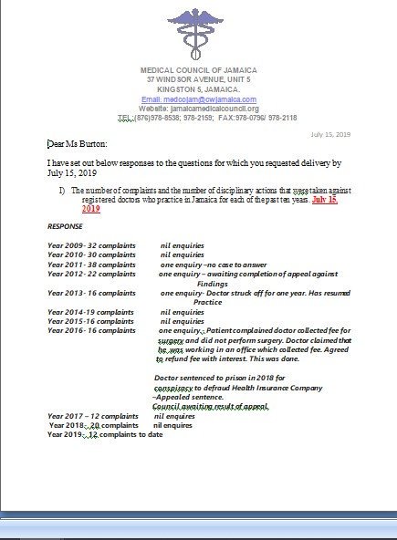 zahraburton's tweet photo. Over a 10.5-year period, there were 233 complaints made to the Medical Council of Jamaica (MCJ) about doctors working in Jamaica, but MCJ says only 4 enquiries or disciplinary proceedings resulted. (Source: See attached from MCJ) https://t.co/cE0Q7TLwmY