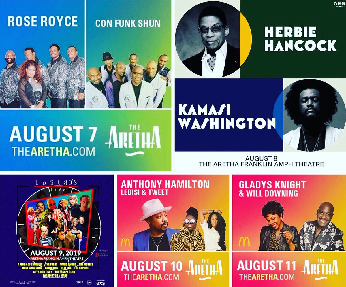 The Aretha (@thearethalive) on Twitter photo 🔥🎶HOT August lineup at #TheAretha!🔥🎶 Tonight: <a href="/confunkshunband/">ConFunkShun</a> <a href="/RoseRoyceHits/">Rose Royce</a>! On 8/8: <a href="/herbiehancock/">Herbie Hancock</a> and <a href="/KamasiW/">Kamasi Washington</a>! On 8/9 <a href="/Lost80sLive/">Lost 80's Live</a>! On 8/10 <a href="/HamiltonAnthony/">Anthony Hamilton Official</a> <a href="/ledisi/">ledisi</a> & Tweet; and on 8/11: <a href="/MsGladysKnight/">Gladys Knight</a> and <a href="/WILLDOWNING3/">Will Downing</a>! Get your tickets today via @ticketmaster! 🔥🎶HOT August lineup at #TheAretha!🔥🎶 Tonight: <a href="/confunkshunband/">ConFunkShun</a> <a href="/RoseRoyceHits/">Rose Royce</a>! On 8/8: <a href="/herbiehancock/">Herbie Hancock</a> and <a href="/KamasiW/">Kamasi Washington</a>! On 8/9 <a href="/Lost80sLive/">Lost 80's Live</a>! On 8/10 <a href="/HamiltonAnthony/">Anthony Hamilton Official</a> <a href="/ledisi/">ledisi</a> & Tweet; and on 8/11: <a href="/MsGladysKnight/">Gladys Knight</a> and <a href="/WILLDOWNING3/">Will Downing</a>! Get your tickets today via @ticketmaster!