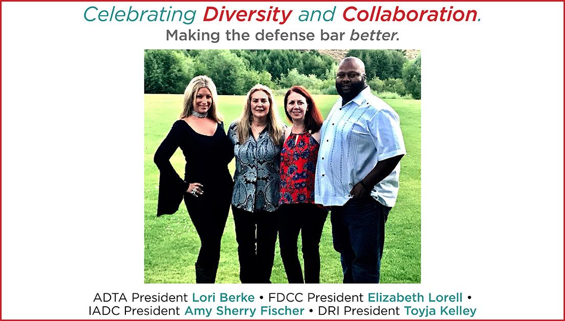 IADClaw's tweet photo. The sister defense organizations (@ADTA_LAW, @fdcclaw, @DRICommunity, and IADC) reached a milestone last week. Each President is a diverse attorney. Malcolm Forbes said, “Diversity: the art of thinking independently together,” and together we are making the defense bar better. https://t.co/66Cl7sbE9J