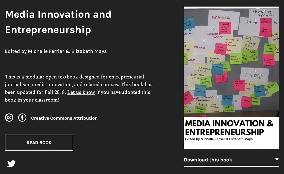 bobkowski's tweet photo. @mediaghosts and her collaborators lead the way on #openeducation in journalism with their free #mediainnovation and #entrepreneurship textbook #AEJMC19 #OER https://t.co/jrb7XiM0zm https://t.co/2m3GMThAmT