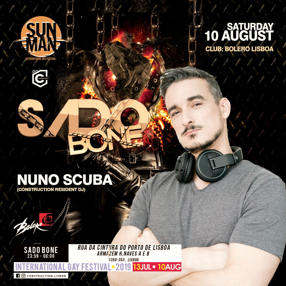 DjNunoScuba's tweet photo. Sabado 10 Agosto // Festa SADO BONE // Encerramento do festival Gay de Verão SUNMAN - by Consctruction Lisbon Club.

Line up de estrelas: Binomio, Rodolfo Bravat, Miss Nutz e Nuno Scuba. 

A não perder no Bolero Lisboa, às 23h59. https://t.co/tUpvDTthdP