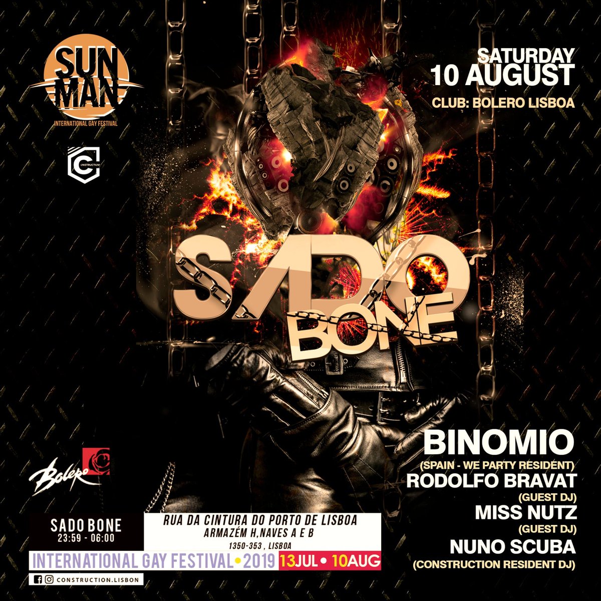 DjNunoScuba's tweet photo. Sabado 10 Agosto // Festa SADO BONE // Encerramento do festival Gay de Verão SUNMAN - by Consctruction Lisbon Club.

Line up de estrelas: Binomio, Rodolfo Bravat, Miss Nutz e Nuno Scuba. 

A não perder no Bolero Lisboa, às 23h59. https://t.co/tUpvDTthdP