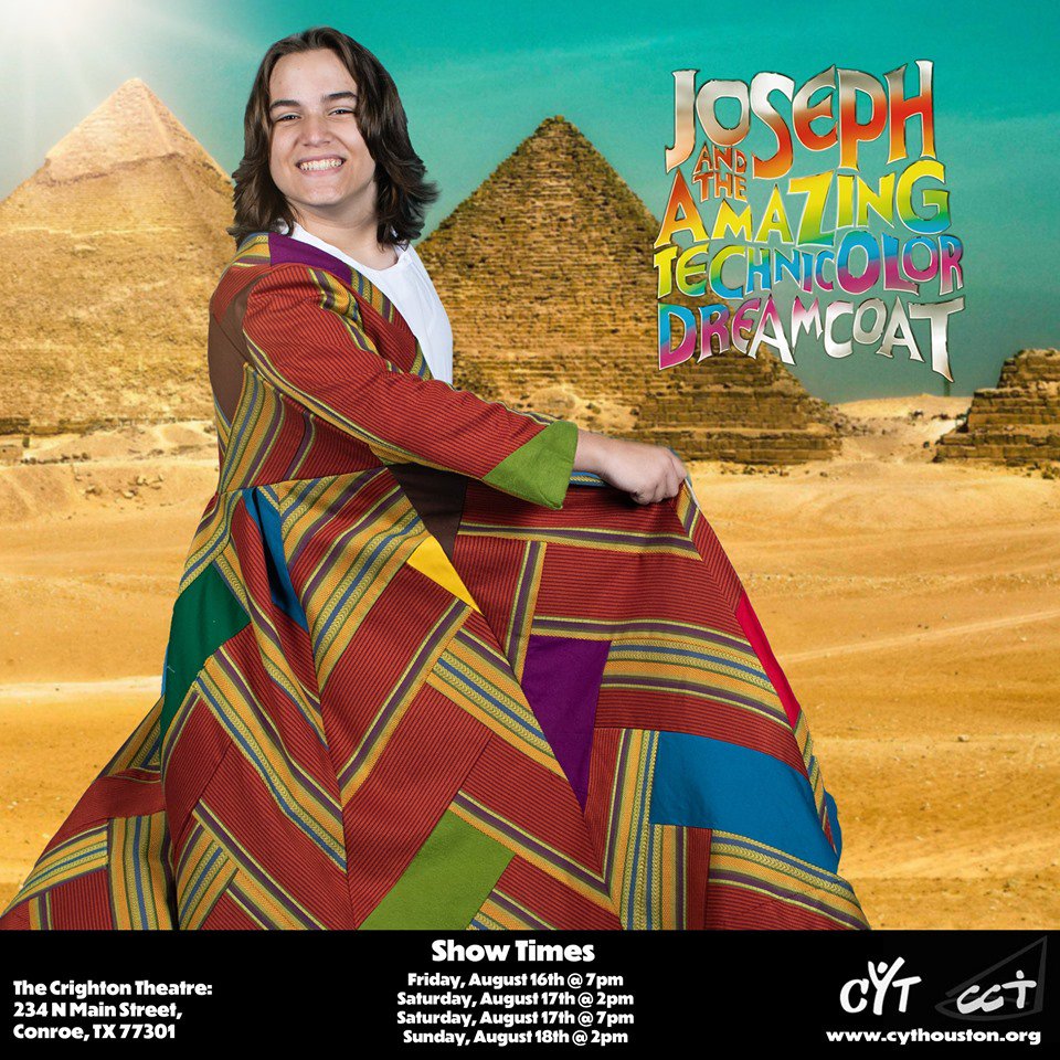 CYTHouston's tweet photo. CCT Houston's fourth annual production, #JosephAndTheAmazingTechnicolorDreamcoat , opens August 16, and has a limited one-weekend run!  Don't miss it!  Get your tickets now at https://t.co/eTzLsRxGEx!
#AnyDreamWillDo #CYTHouston #CCT #FindYourCharacter https://t.co/YlIylqIo11