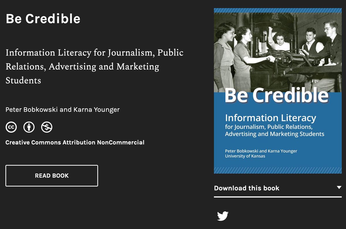 bobkowski's tweet photo. Be Credible is our FREE #reporting and #informationliteracy textbook from @KUJournalism and @kulibraries. We cover finding and evaluating information sources for #journalism and #strategiccommunication students. #AEJMC19 #openeducation #OER https://t.co/eucED2heTT https://t.co/8dzUXAoHHh