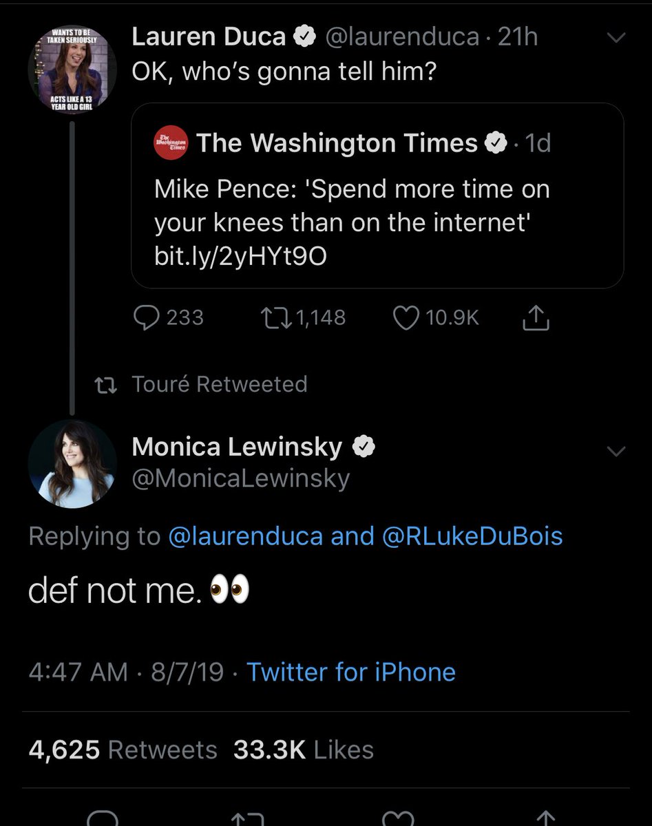 .⁦<a href="/MonicaLewinsky/">Monica Lewinsky (she/her)</a>⁩ continues to absolutely own Twitter.